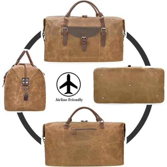 Genuine Leather Oversized Travel Duffel Bag Waterproof Canvas Hand Bag Brown NEW - Picture 5 of 7